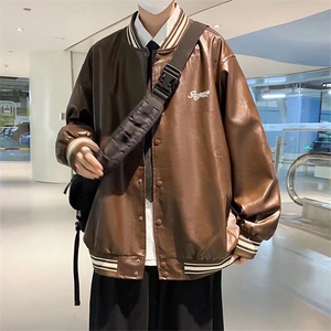 美式PU皮棒球服外套男春秋季ins宽松休闲百搭夹克C   W2327-P58图片
