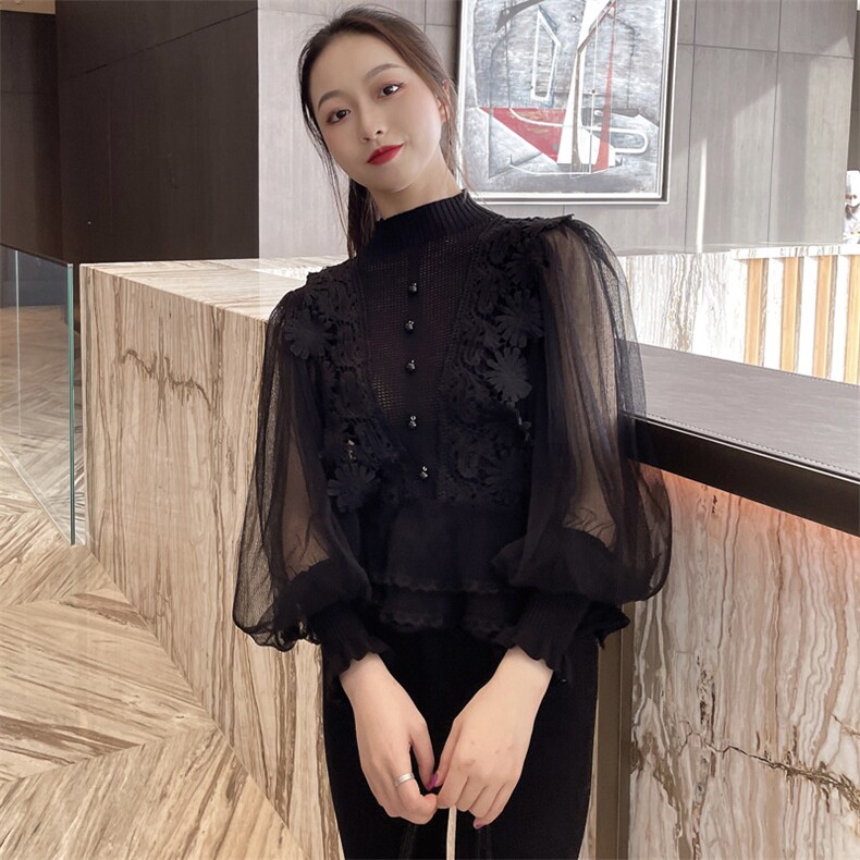 2021春装新款时尚休闲宽松舒适针织衫,女装蕾丝衫/雪纺衫,深水步