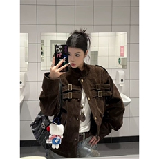 网图有货美式拼接设计麂皮绒外套男女宽松织带夹克A1046-P73，男装夹克，星座1505
