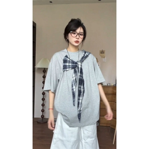 【有货】PX01CC-特P38 格子拼接蝴蝶结短袖t恤男女图片