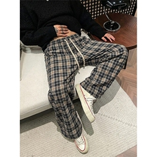 撞色格子休闲裤慵懒风松弛感日系直筒阔腿裤男C62206-TP3059，男装休闲裤，电商A102