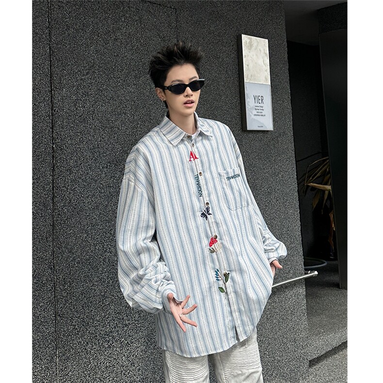 学院风刺绣条纹长袖衬衫男女日系复古设计感小众情侣衬衣CS22-P43，男装衬衫，星座308B-1