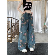 中古风花卉印花水洗阔腿牛仔裤小众复古设计直筒裤子潮流，男装牛仔裤，星座410-6（原星座1304-1）