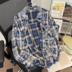 2024春季新款高质量扎染棉衬衫格子毛边衬衣平铺现货W8112-P52，男装衬衫，星座512-4