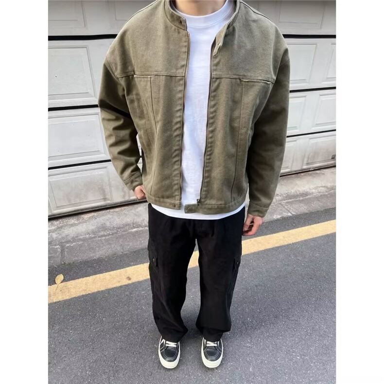 JK25-P70美式复古哈灵顿水洗立领外套男春秋潮牌cleanfit短款,男装T恤,电商B323A