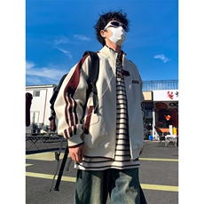 美式条纹夹克男秋季新款潮牌大码宽松上衣设计感拼接外套，男装夹克，四季星座505