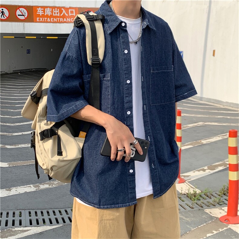 牛仔短袖衬衫男夏季薄款港风衬衣潮流痞帅宽松休闲外套CS528-P40,男装衬衫,星座1008-1