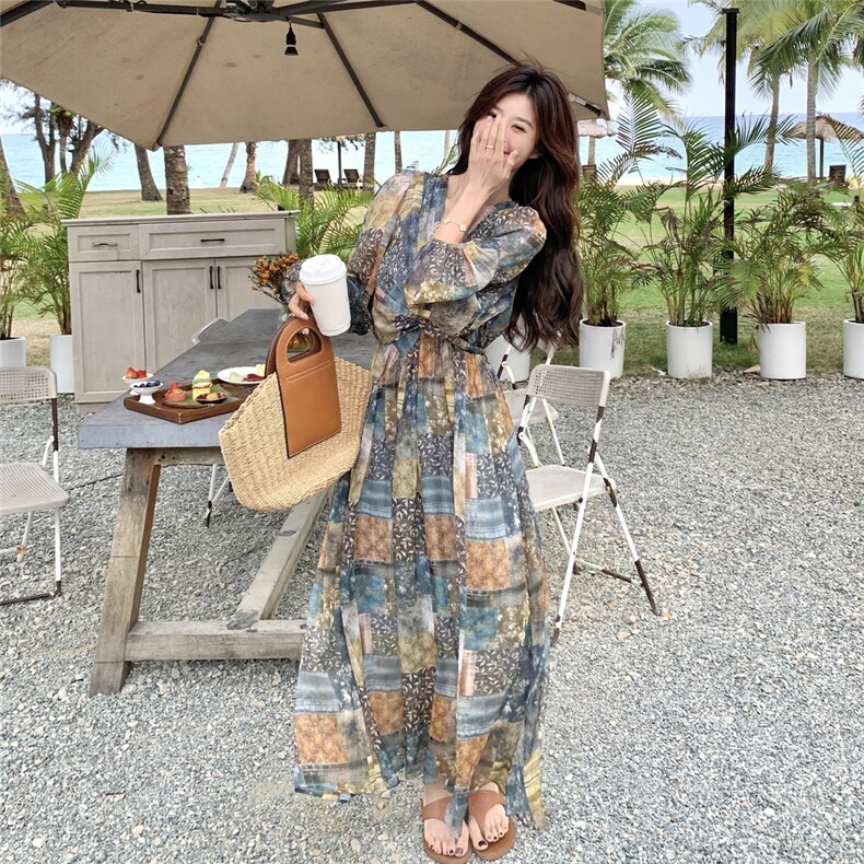 法式复古碎花连衣裙女夏季新款度假风森系小众收腰显瘦气质长裙子,女装连衣裙,浙宝210（原浙宝191）