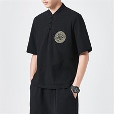 2021夏季风刺绣棉麻短袖T恤男日系复古上衣QT6005-T，男装T恤，星座1112-5（原712-5）