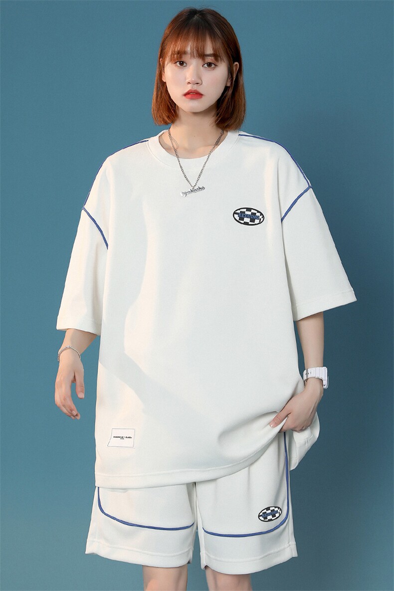 2024夏装港风学生潮绣标短袖T恤两件套套装男女8046-P78控价98,男装T恤,电商A441-1