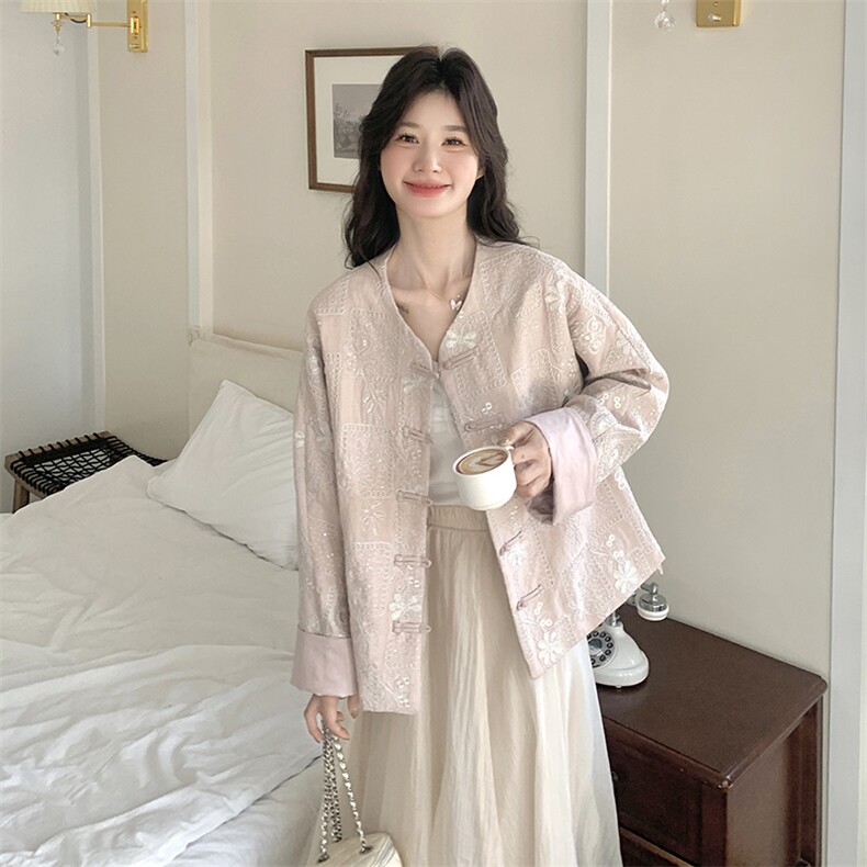 粉色新中式国风盘扣刺绣外套女2025春季新款时尚洋气减龄休闲上衣图片