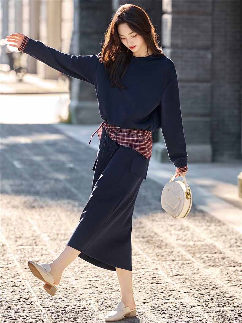 黑色格子拼接学院风套装裙女2025秋季新款休闲卫衣半身长裙两件套,女装套装/套裙,芭米依尚