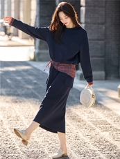 黑色格子拼接学院风套装裙女2025秋季新款休闲卫衣半身长裙两件套，女装套装/套裙，芭米依尚