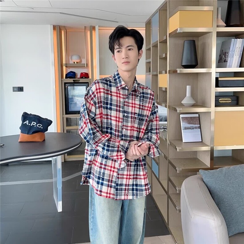 美式复古设计感拼色条纹长袖衬衫男女休闲宽松春秋情侣外套男,男装衬衫,星座218-1（原230）