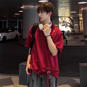 高级感宽松短袖男女款夏季圆领绑带重磅垫肩T恤工装机能半袖上衣图片