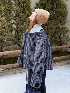 学院风格子羽绒服女2025冬新款短款翻领宽松外套加厚白鸭绒面包服图片