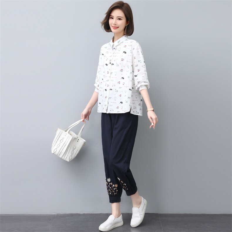 棉麻裤子套装女2022秋季新款女装时尚休闲妈妈今年流行两件套,女装大码女装,奕阳依阁