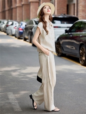 2026夏季新款天丝亚麻无袖衬衫两件套休闲透气贵气时尚直筒裤套装，女装衬衫，梦懿尔