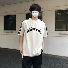 抖音得物高品质二开240克宽松纯棉美式潮牌三条杠织带短袖T恤，男装T恤，电商A486-1