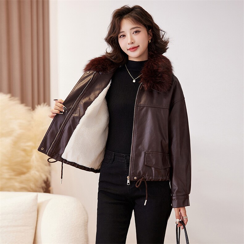 欧货加绒加厚皮衣外套女2024冬季新款小个子短款休闲机车服皮夹克，女装皮衣，美拉德工厂直营店