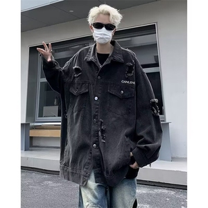 炸街破洞牛仔夹克男春秋季美式复古宽松上衣 BF05 P65图片