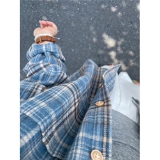 法式蓝色格子磨毛长袖衬衫女春秋宽松oversize原宿风休闲百搭衬衣，男装衬衫，星座1210-1