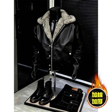 现货冬季美式潮牌痞帅PU皮机车服棉衣毛毛绒狼王座山雕皮棉服，男装棉衣，电商A486