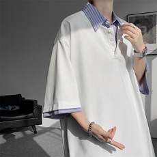 8XL-M假两件衬衫领短袖T恤大码夏季条纹拼接polo衫半袖DX1211/P45，男装T恤，电商B238
