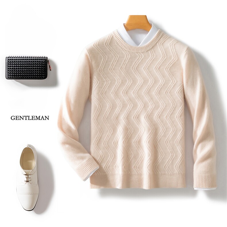 时尚男士秋冬新款羊毛水波纹圆领套头毛衣保暖舒适经典百搭，男装羊毛衫，邓利维