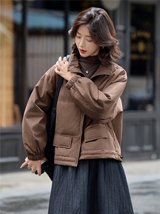 咖色立领夹棉服女短款厚外套秋冬2025新款休闲二棉衣小个子棉袄图片