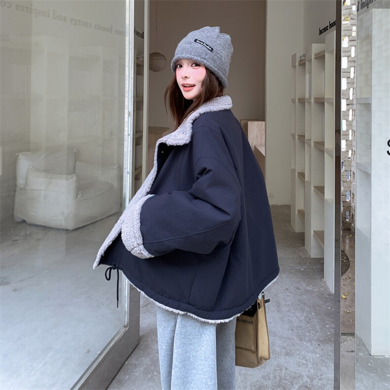 藏青色羊羔毛拼接工装派克服女2025年冬季新款小个子休闲加厚棉服,女装棉衣/棉服,2C305