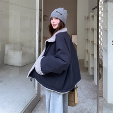 藏青色羊羔毛拼接工装派克服女2025年冬季新款小个子休闲加厚棉服，女装棉衣/棉服，2C305