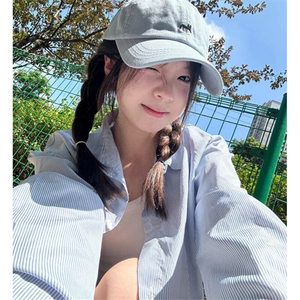 蓝色条纹字母衬衫春秋季设计感气质POLO领长袖防晒衬衣 CY25图片