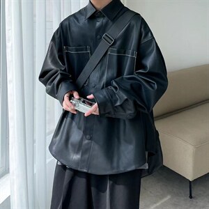 秋季港风纯色休闲男宽松PU皮衣夹克外套 A071-C28-P75图片