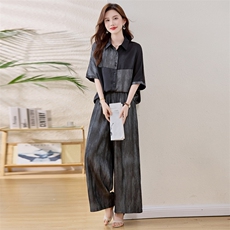 妈妈时尚休闲阔腿裤套装女夏大码宽松显瘦松弛感太撞色两件套，女装套装/套裙，魅衣本色