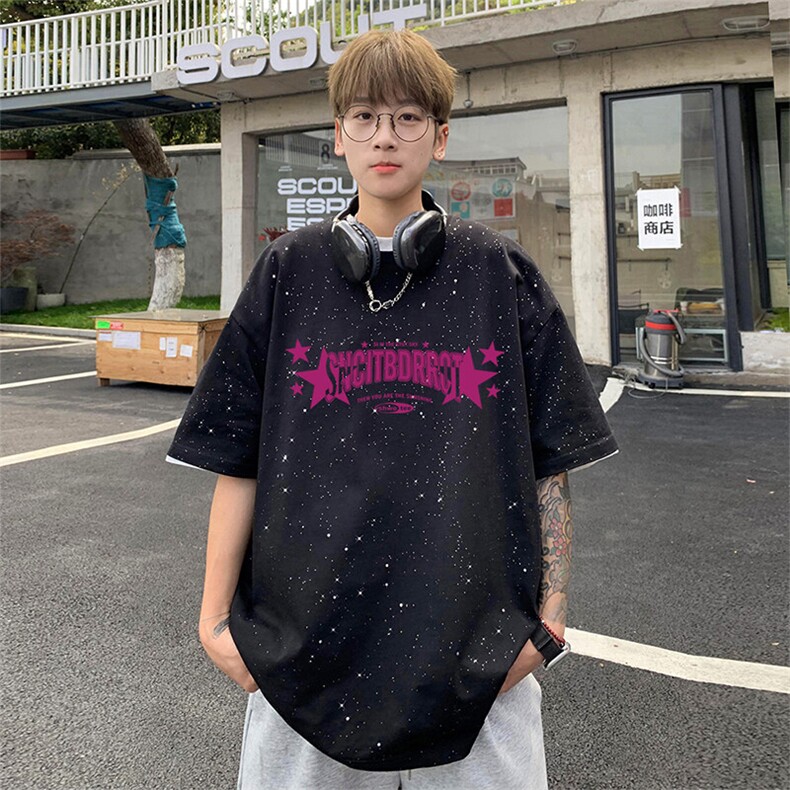 可48小时发货支持抖音得物来样二开美式满天星亮片短袖T恤MTX668,男装T恤,电商A486-1