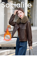 2025年冬季新款现货时尚潮流加绒保暖皮衣外套（毛领可脱卸），女装皮衣，臻衣坊