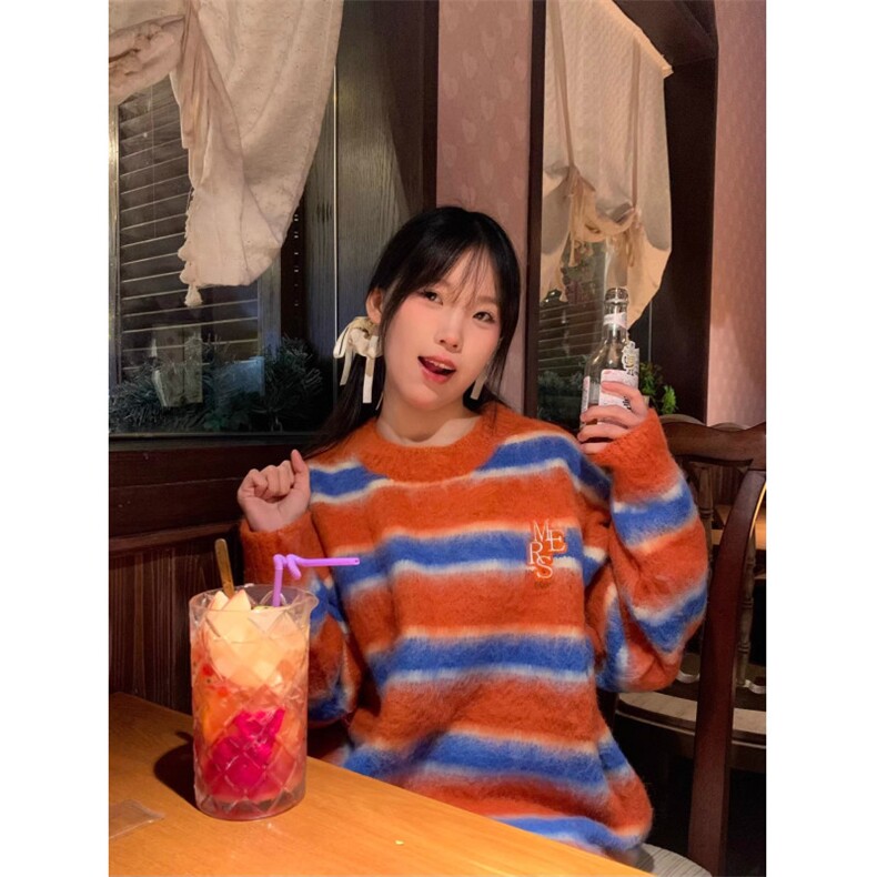 原创美式复古多巴胺撞色针织衫男女宽松休闲慵懒风套头毛衣MYF125,男装针织衫/毛衣,星座516A