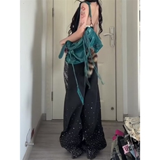 W10338-P68网图现货烫钻阔腿牛仔裤美式复古高腰直筒宽松长裤，男装牛仔裤，星座1608