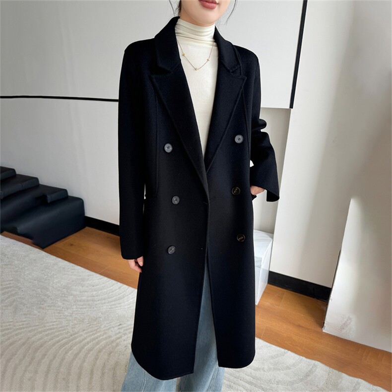 2025年秋季新款百搭女士POLO领长袖双排扣中长款大衣,女装双面呢大衣,鹿展羊绒大衣