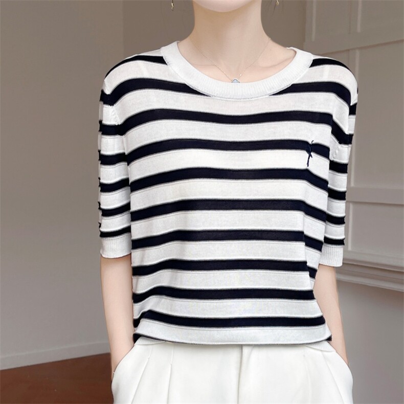 夏季新款简约天丝芭蕾舞者圆领短袖女宽松百搭显瘦时尚休闲上衣，女装针织衫/毛衣，雪真羊绒