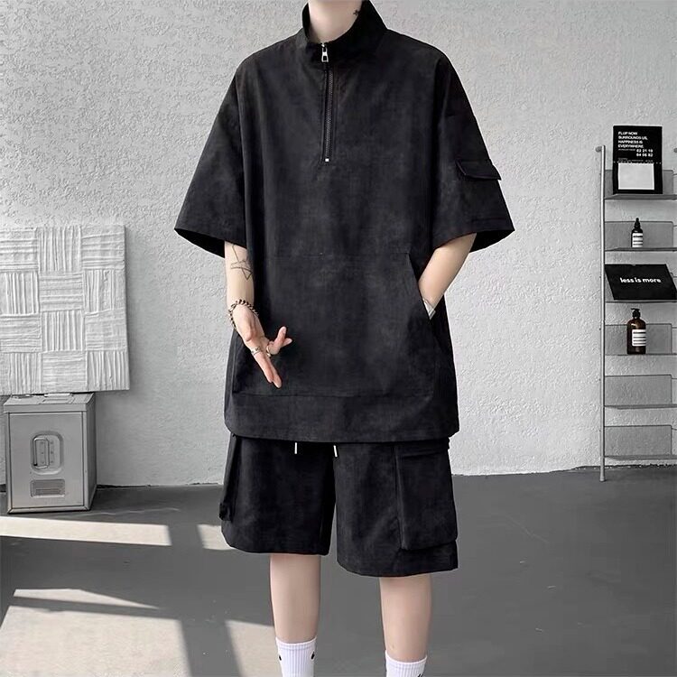 美式工装套装男夏季宽松休闲穿搭一整套短袖2025新款冰丝运动短裤,男装休闲套装,星座506A