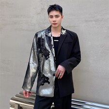 春季新款休闲宽松亮片拼接撞色西服外套上衣男潮A345-1877-P145，男装西服，电商A345