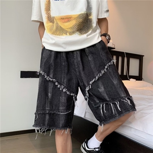 in欧美高街暗黑扎染印花毛边牛仔短裤宽松休闲五分裤男DK6656图片
