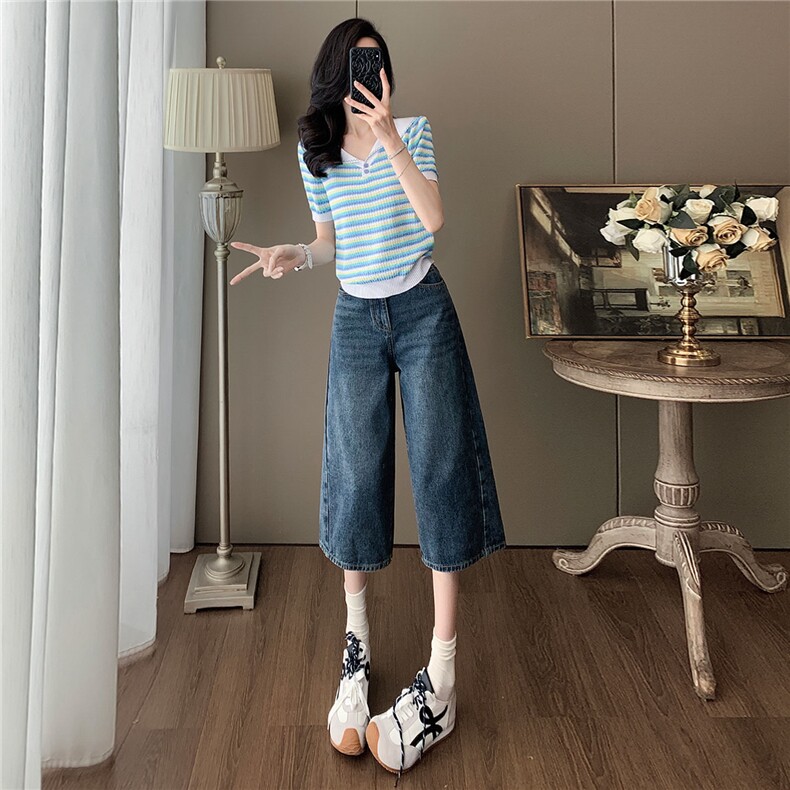 女夏新款时尚套装宽松显瘦娃娃领条纹冰丝短袖上衣牛仔中裤两件套,女装套装/套裙,江南