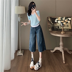 女夏新款时尚套装宽松显瘦娃娃领条纹冰丝短袖上衣牛仔中裤两件套，女装套装/套裙，江南