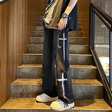 2024夏季美式高街直筒阔腿破洞泼漆牛仔裤313A-1-NZ044-P55控68，男装牛仔裤，星座808A-1