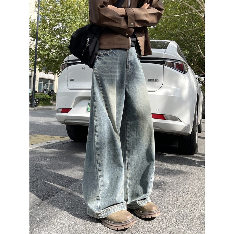 美式复古蓝弯刀牛仔裤男款秋季潮牌宽松阔腿休闲裤痞帅炸街拖地裤,男装牛仔裤,星座612