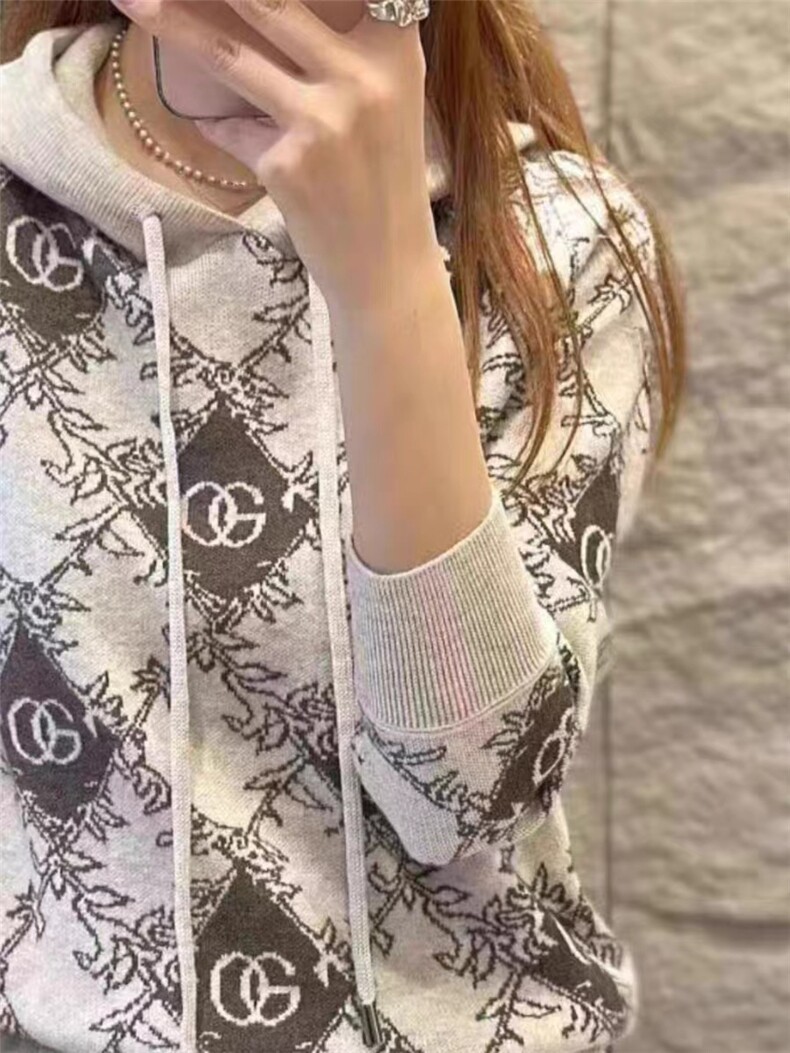 2024秋季新款树叶提花帽衫女时尚百搭宽松上衣,女装羊毛衫,千御纺羊绒