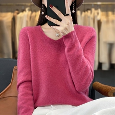 秋季新款羊毛衫女V领毛衣女套头宽松短款外穿，女装羊毛衫，北娇羊绒